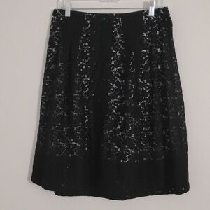 Talbots Black Midi Skirt Floral Lace Overlay Nude Illusion Feminine A Line Pleat